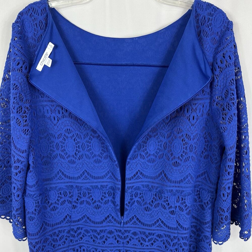 Chico’s 3 Cobalt Blue Crochet Lace 3/4 Sleeve  Knee Length Shift Dress Womens 16 - Picture 8 of 11